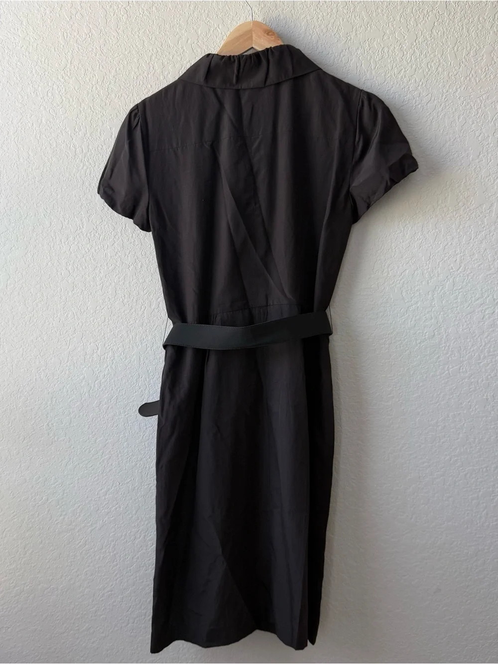 ANTONIO MELANI Black Silk and Cotton Short-Sleeve Button Midi Dress with Belt - Picture 2 of 5